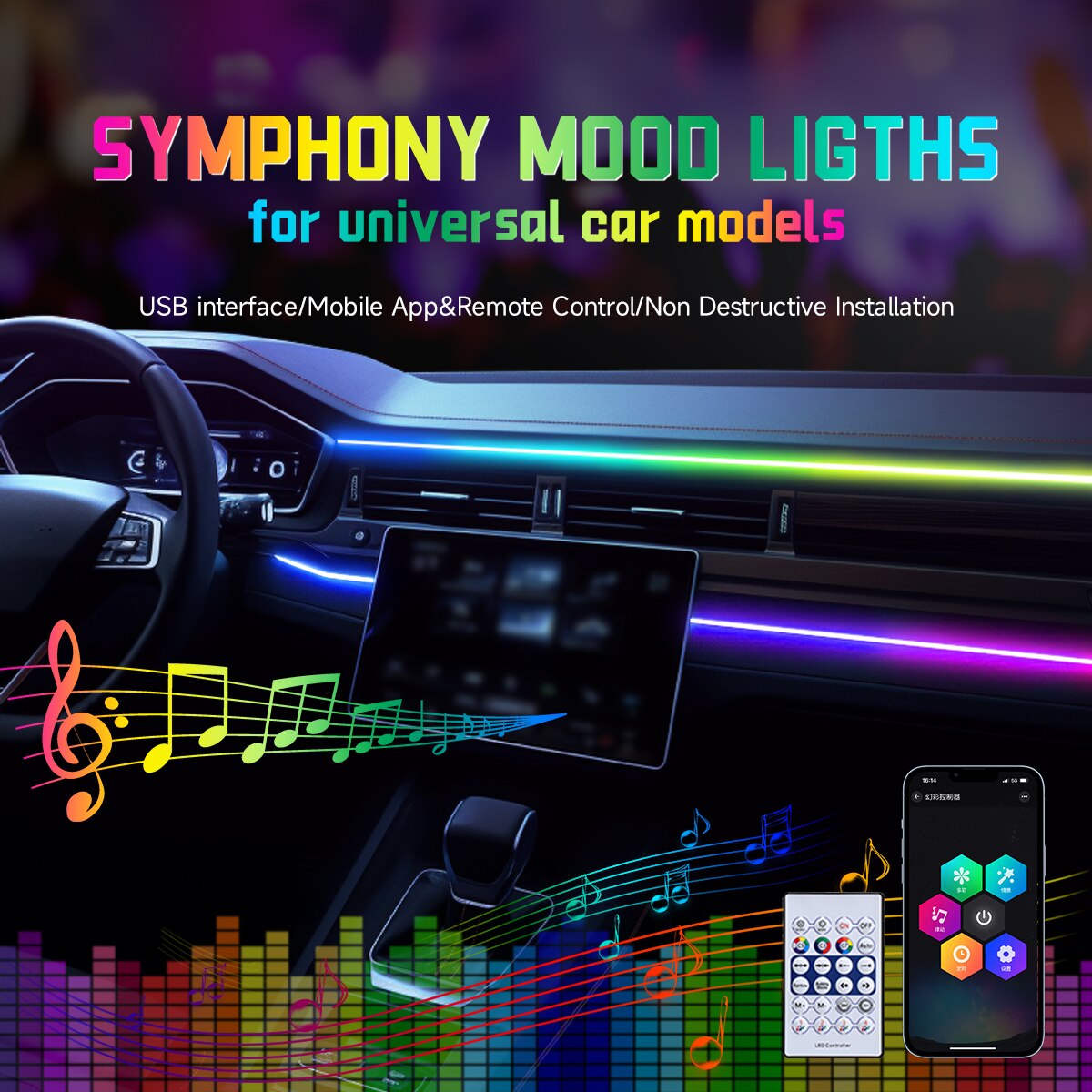 Lampu LED Strip Akrilik 64 War - Led Ambient Interior Car Lights App Control ulasan dan harga